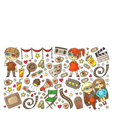 İnternet sinemasında ambalaj kağıtları, posterler, afişler ve broşürler için vektör simgeleri var. 3D film, televizyon, müzikal..