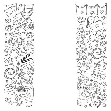 Boyama sayfası. İnternet sinemasında ambalaj kağıtları, posterler, afişler ve broşürler için vektör simgeleri var. 3D film, televizyon, müzikal..