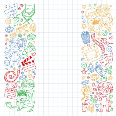 İnternet sinemasında ambalaj kağıtları, posterler, afişler ve broşürler için vektör simgeleri var. 3D film, televizyon, müzikal..