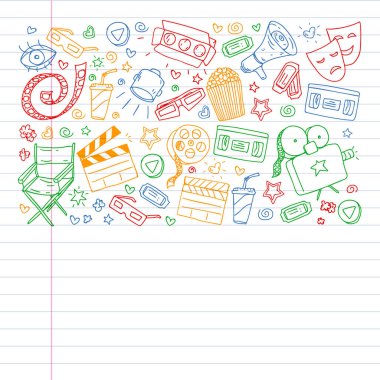 İnternet sinemasında ambalaj kağıtları, posterler, afişler ve broşürler için vektör simgeleri var. 3D film, televizyon, müzikal..