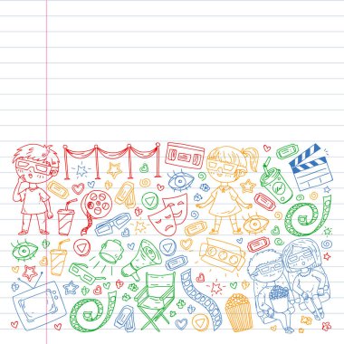 Ambalaj kağıdı, posterler, afişler, broşürler için vektör simgeleri ile Sinema deseni. 3d film, tv, müzikal.