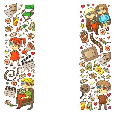 İnternet sinemasında ambalaj kağıtları, posterler, afişler ve broşürler için vektör simgeleri var. 3D film, televizyon, müzikal..