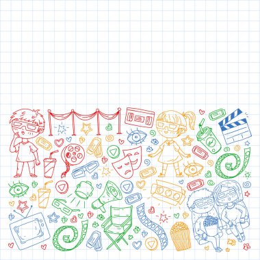 İnternet sinemasında ambalaj kağıtları, posterler, afişler ve broşürler için vektör simgeleri var. 3D film, televizyon, müzikal..