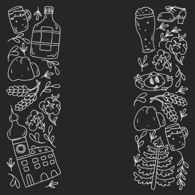 Çek Cumhuriyeti sembollü vektör deseni. Turizm ikonları ve peyzaj elementleriyle kurulmuş. Ülkeye seyahat. Şehir, katedral, bina, Avrupa mimarisi. Tarihi işaretli illüstrasyon