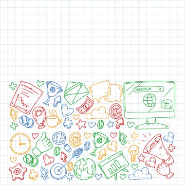 Dijital pazarlama, sosyal medya, iletişim, yönetim. Arka plan afiş için.