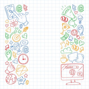 Dijital pazarlama, sosyal medya, iletişim, yönetim. Arka plan afiş için.