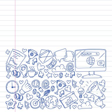 Dijital pazarlama, sosyal medya, iletişim, yönetim. Arka plan afiş için.