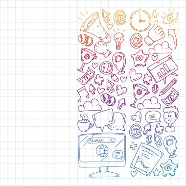 Dijital pazarlama, sosyal medya, iletişim, yönetim. Arka plan afiş için.