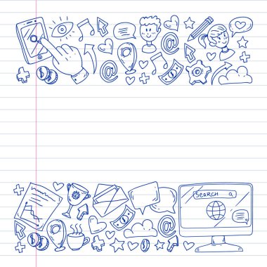 Dijital pazarlama, sosyal medya, iletişim, yönetim. Arka plan afiş için.