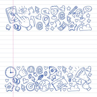 Dijital pazarlama, sosyal medya, iletişim, yönetim. Arka plan afiş için.