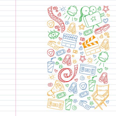 İnternet sinemasında ambalaj kağıtları, posterler, afişler ve broşürler için vektör simgeleri var. 3D film, televizyon, müzikal..