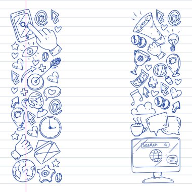 Dijital pazarlama, sosyal medya, iletişim, yönetim. Arka plan afiş için.