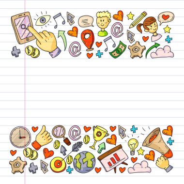 Dijital pazarlama, sosyal medya, iletişim, yönetim. Arka plan afiş için.