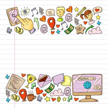 Dijital pazarlama, sosyal medya, iletişim, yönetim. Arka plan afiş için.