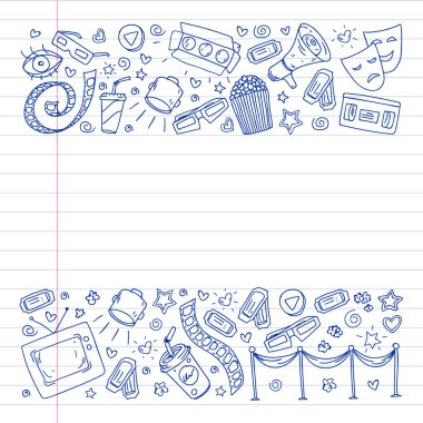 Boyama sayfası. İnternet sinemasında ambalaj kağıtları, posterler, afişler ve broşürler için vektör simgeleri var. 3D film, televizyon, müzikal..