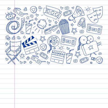 Boyama sayfası. İnternet sinemasında ambalaj kağıtları, posterler, afişler ve broşürler için vektör simgeleri var. 3D film, televizyon, müzikal..