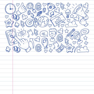 Dijital pazarlama, sosyal medya, iletişim, yönetim. Arka plan afiş için.