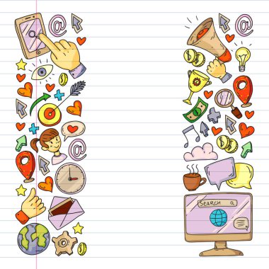 Dijital pazarlama, sosyal medya, iletişim, yönetim. Arka plan afiş için.