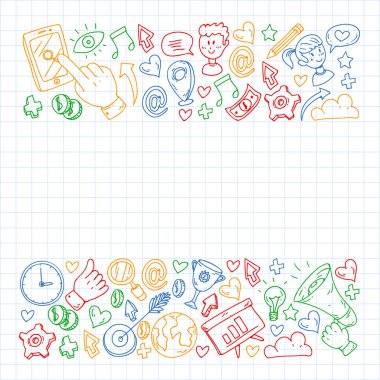 Dijital pazarlama, sosyal medya, iletişim, yönetim. Arka plan afiş için.