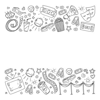 Boyama sayfası. İnternet sinemasında ambalaj kağıtları, posterler, afişler ve broşürler için vektör simgeleri var. 3D film, televizyon, müzikal..