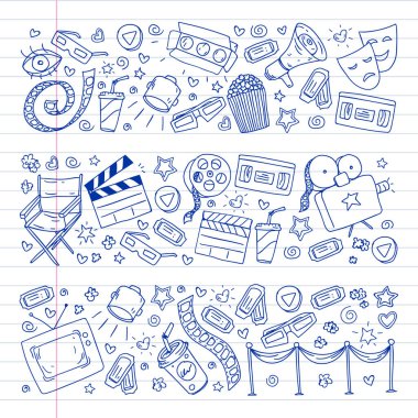 Boyama sayfası. İnternet sinemasında ambalaj kağıtları, posterler, afişler ve broşürler için vektör simgeleri var. 3D film, televizyon, müzikal..