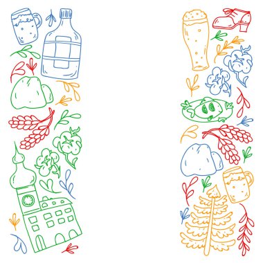 Çek Cumhuriyeti sembollü vektör deseni. Turizm ikonları ve peyzaj elementleriyle kurulmuş. Ülkeye seyahat. Şehir, katedral, bina, Avrupa mimarisi. Tarihi işaretli illüstrasyon