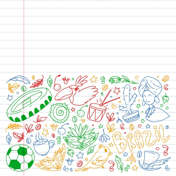 Brasilien Vektor Doodle Muster mit Symbolen des Landes. Fußball, Jesusstatue, Maske, Affe, Fußball. — Stockvektor
