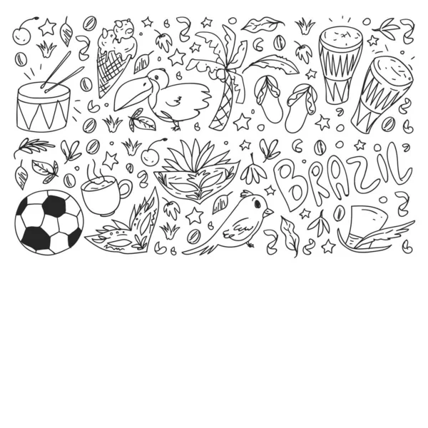 Kleurplaat met Brazilië. Vector doodle patroon met symbolen van land. Voetbal, standbeeld van Jezus, masker, aap, voetbal. — Stockvector