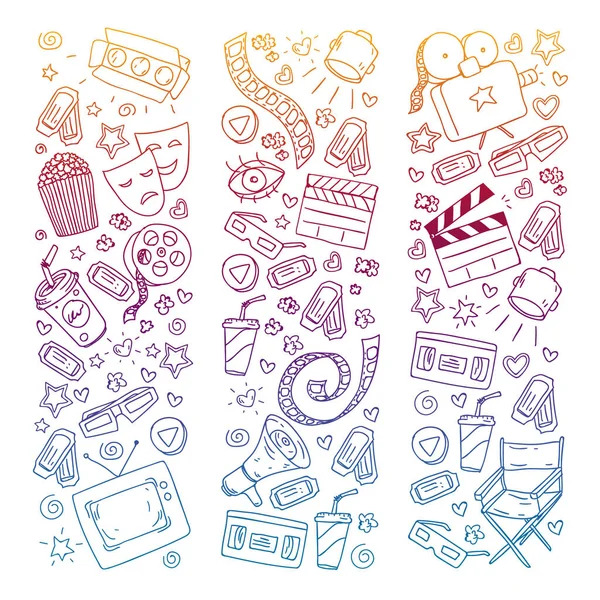 Coloring page. Online internet cinema pattern with vector icons for wrapping paper, posters, banners, leaflets. 3d movie, tv, musical. — Stock Vector