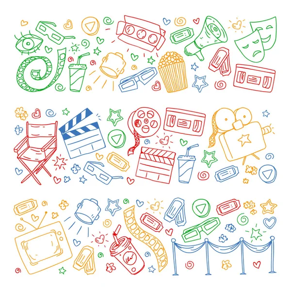 Coloring page. Online internet cinema pattern with vector icons for wrapping paper, posters, banners, leaflets. 3d movie, tv, musical. — Stock Vector