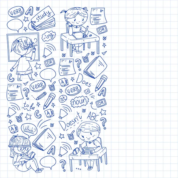 Escuela de inglés en línea para niños. Aprende el idioma. Ilustración del vector educativo. Niños dibujo doodle estilo imagen . — Archivo Imágenes Vectoriales