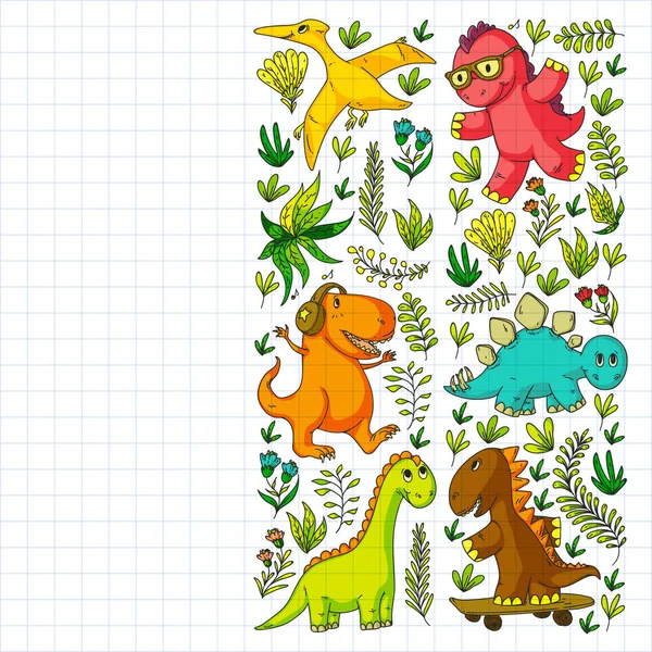 Modello bambini tessuto, tessile, vivaio carta da parati. Illustrazione vettoriale. Dinosauri disegnati a mano, dino per bambini piccoli . — Vettoriale Stock