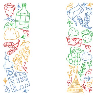 Çek Cumhuriyeti sembollü vektör deseni. Turizm ikonları ve peyzaj elementleriyle kurulmuş. Ülkeye seyahat. Şehir, katedral, bina, Avrupa mimarisi. Tarihi işaretli illüstrasyon