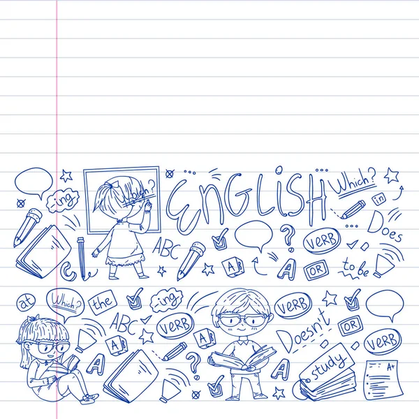 Scuola di inglese online per bambini. Impara la lingua. Illustrazione dei vettori educativi. Bambini disegno immagine in stile doodle . — Vettoriale Stock