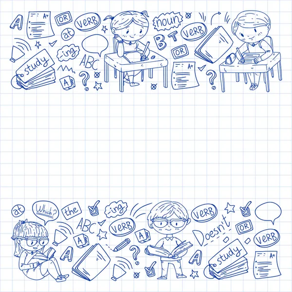 Escola de inglês online para crianças. Aprenda linguagem. Ilustração vetorial educação. Crianças desenho imagem estilo doodle . — Vetor de Stock