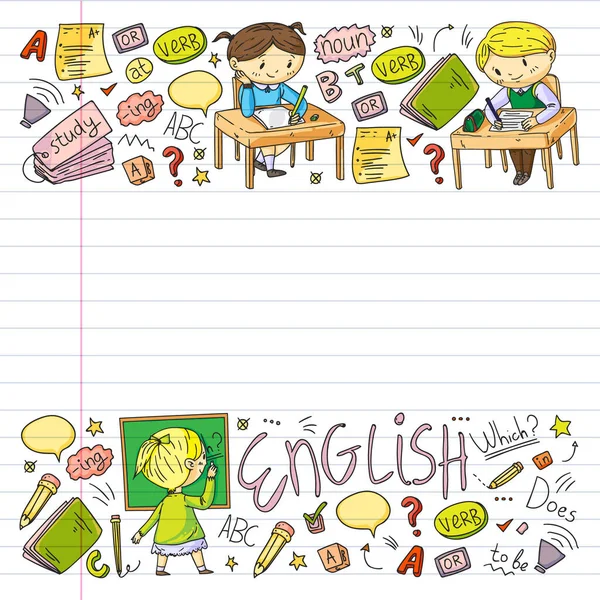 Online Englischschule für Kinder. Sprache lernen. Illustration eines Bildungsvektors. Kinder zeichnen Doodle-Stil Bild. — Stockvektor