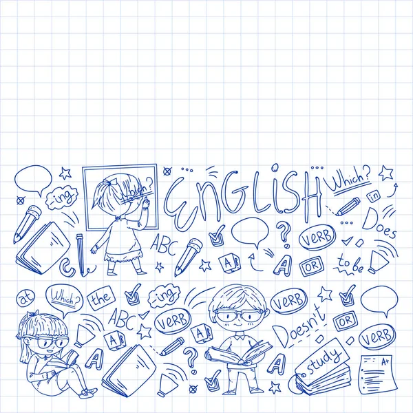 Online σχολείο αγγλικών για παιδιά. Μάθε τη γλώσσα. Εκπαίδευση διανυσματική απεικόνιση. Παιδιά που σχεδιάζουν εικόνα στυλ doodle. — Διανυσματικό Αρχείο
