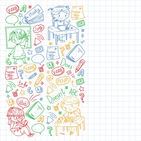 Online σχολείο αγγλικών για παιδιά. Μάθε τη γλώσσα. Εκπαίδευση διανυσματική απεικόνιση. Παιδιά που σχεδιάζουν εικόνα στυλ doodle. — Διανυσματικό Αρχείο
