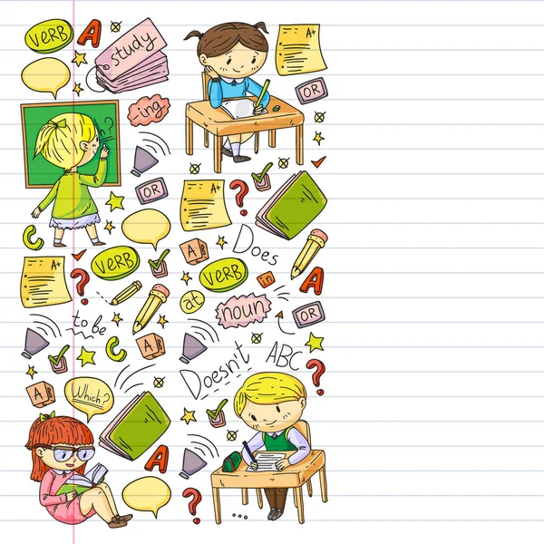 Online angol iskola gyerekeknek. Tanulj nyelvet. Oktatási vektor illusztráció. Gyerekek rajz firka stílusú kép. — Stock Vector