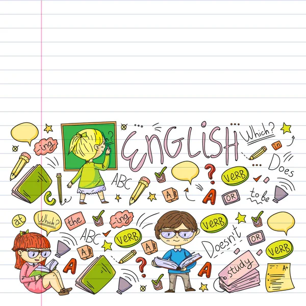 École d'anglais en ligne pour enfants. Apprenez la langue. Illustration vectorielle de l'éducation. Enfants dessin image de style doodle . — Image vectorielle