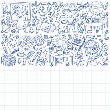 Çevrimiçi öğrenim, eğitim. Okula dönelim. Küçük çocuklar için vektör simgeleri ve elementler, üniversite. Doodle tarzı, çocuklar çiziyor.