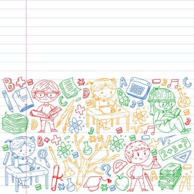 Okula geri dön. Vektör simgeleri ve küçük çocuklar için öğeleri, kolej, online kurslar. Doodle tarzı, çocuk çizim