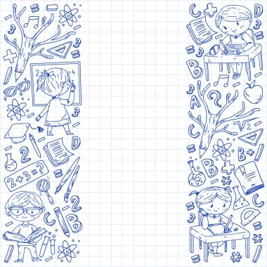 Çevrimiçi öğrenim, eğitim. Okula dönelim. Küçük çocuklar için vektör simgeleri ve elementler, üniversite. Doodle tarzı, çocuklar çiziyor.