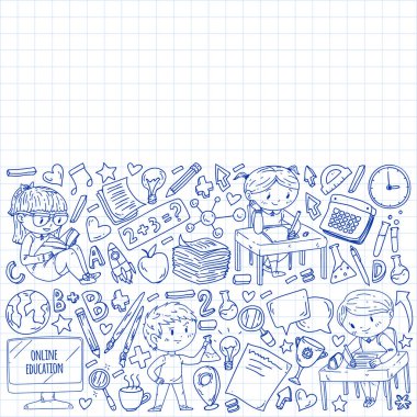 Çevrimiçi öğrenim, eğitim. Okula dönelim. Küçük çocuklar için vektör simgeleri ve elementler, üniversite. Doodle tarzı, çocuklar çiziyor.