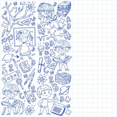 Çevrimiçi öğrenim, eğitim. Okula dönelim. Küçük çocuklar için vektör simgeleri ve elementler, üniversite. Doodle tarzı, çocuklar çiziyor.