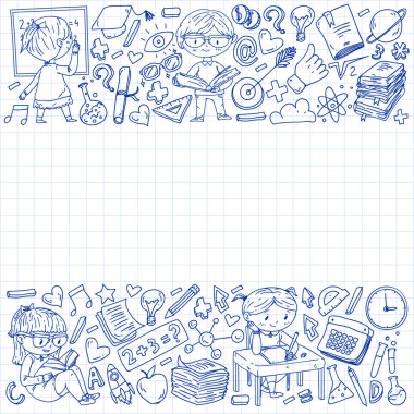 Çevrimiçi öğrenim, eğitim. Okula dönelim. Küçük çocuklar için vektör simgeleri ve elementler, üniversite. Doodle tarzı, çocuklar çiziyor.