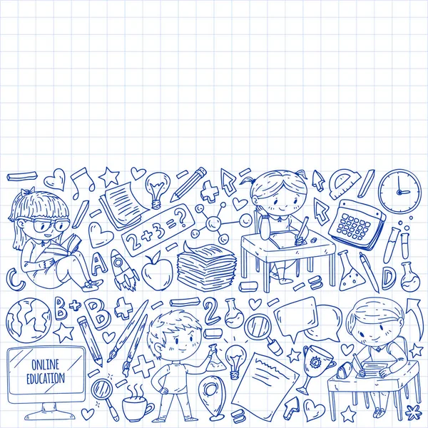 Apprentissage en ligne, éducation. Je retourne à l'école. Icônes vectorielles et des éléments pour les petits enfants, collège. Doodle style, dessin pour enfants — Image vectorielle