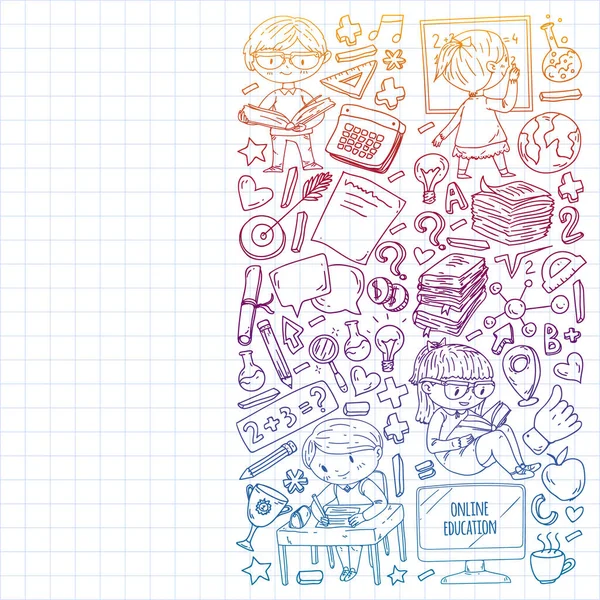 Concetto di educazione online. Icone vettoriali ed elementi per bambini piccoli, college, corsi internet. Stile Doodle, disegno per bambini . — Vettoriale Stock