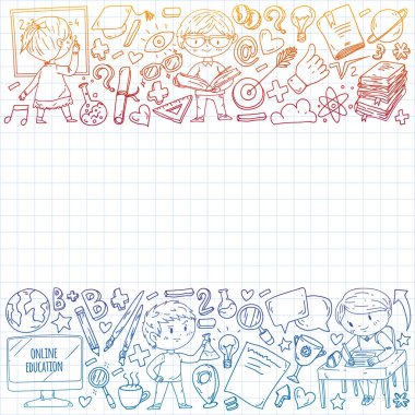 Çevrimiçi eğitim kavramı. Küçük çocuklar, üniversite, internet kursları için vektör simgeleri ve elementler. Doodle tarzı, çocuklar çiziyor..