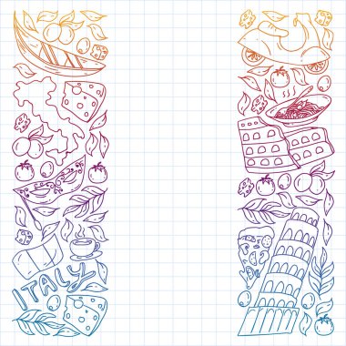 İtalya. İtalyan mutfağı siparişi ver, internetten yemek al. Restoran, kafe ve arka planlar için bir takım ikonlar. Kolezyum, Roma, Pisa, Venedik. Peynir ve Pizza..